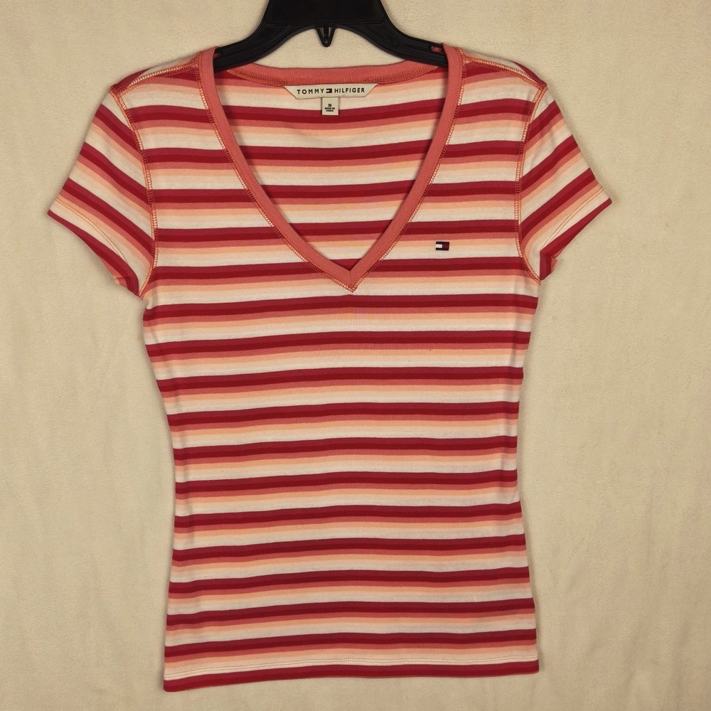 Y2K Top Womens M Pink Ribbed Striped Baby‎ Tee V-Neck Fitted Retro 90s Casual